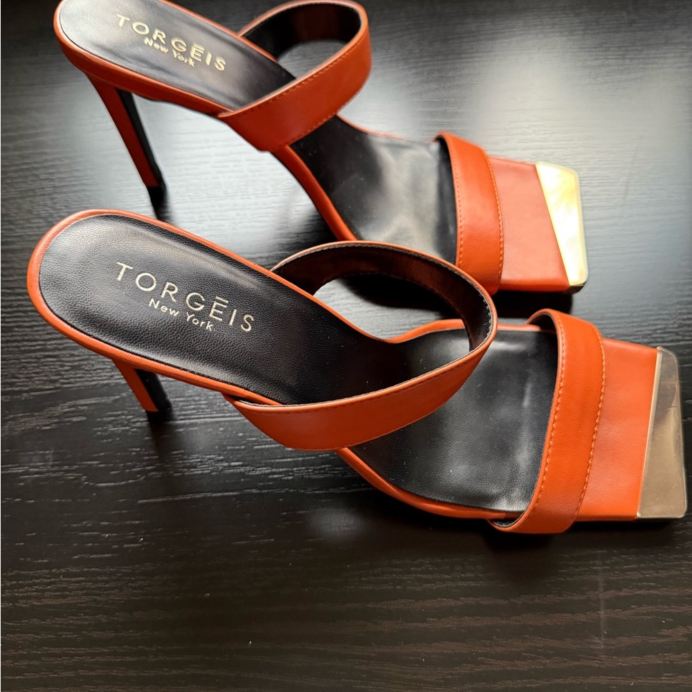 Torgeis Orange Square Toe Mule Heels Gold Toe Detail Size 8 - Picture 2 of 8